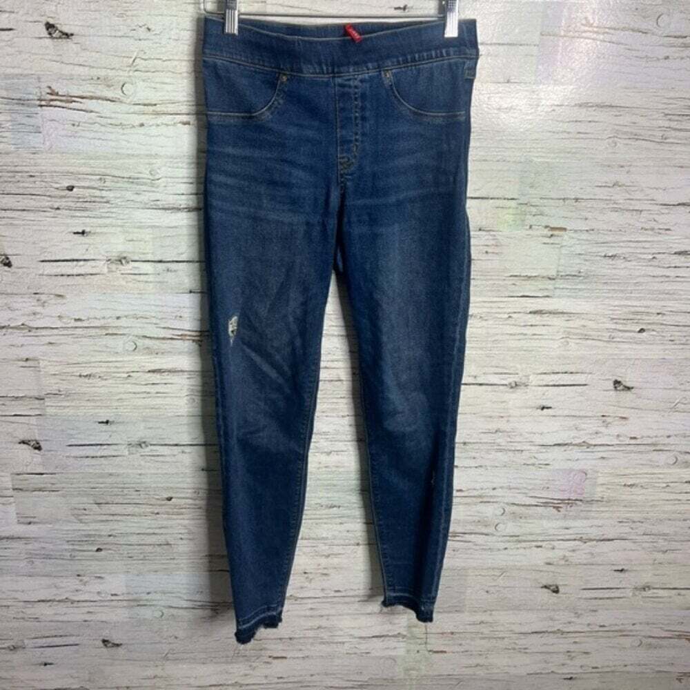 Spanx Pull On Skinny Jeans Dark Wash Size small raw hem blue